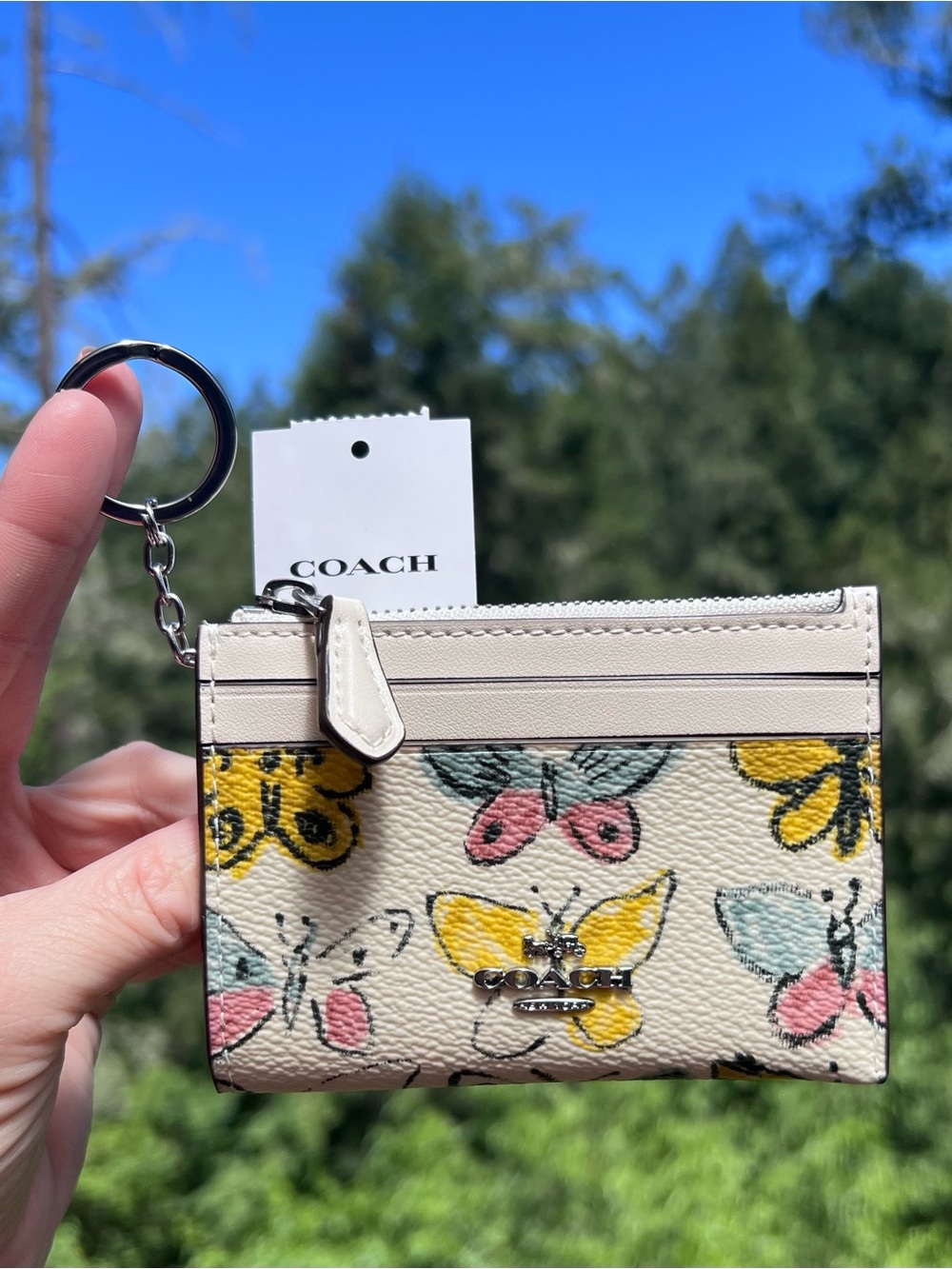 NWT COACH Mini Skinny Id Cardholder Case & Keychain w Butterfly Print CAR22